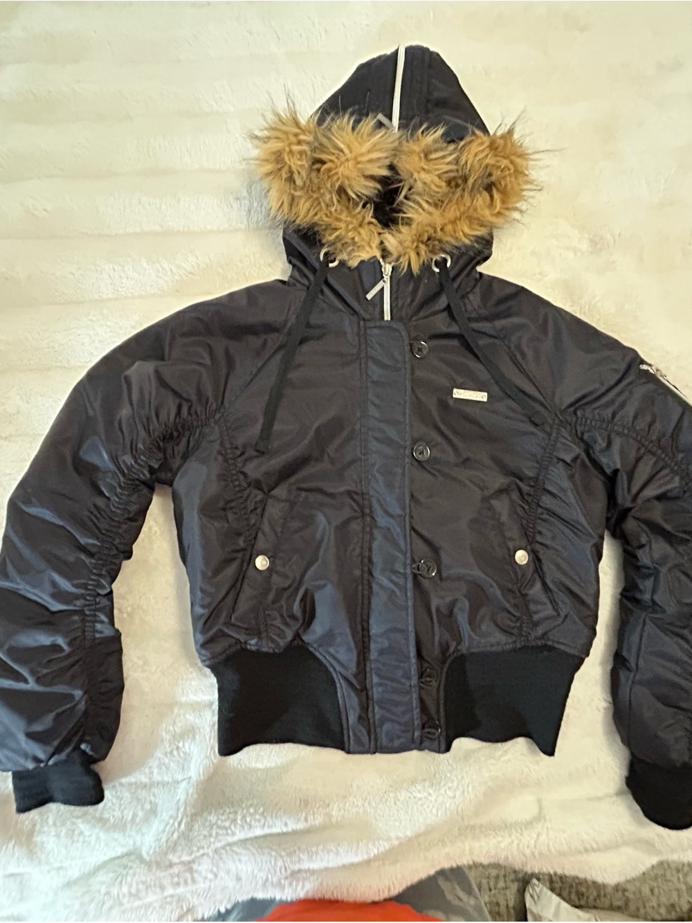 Women’s Black Bomber Jacket with Faux Fur Hood